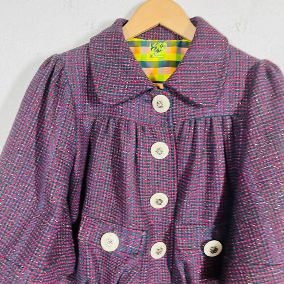Nuvula Checker Peter Pan Jacket Coat Button Front 3/4 Bell Sleeve Bird Plaid - S - Picture 2 of 9